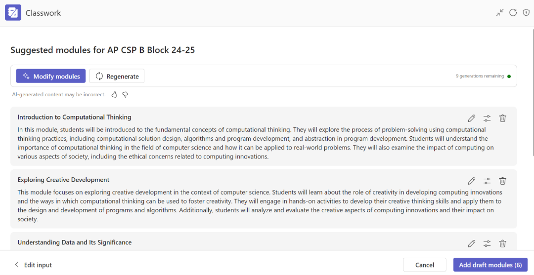 Screenshot of the Classwork AI module generator tool in Microsoft Teams.