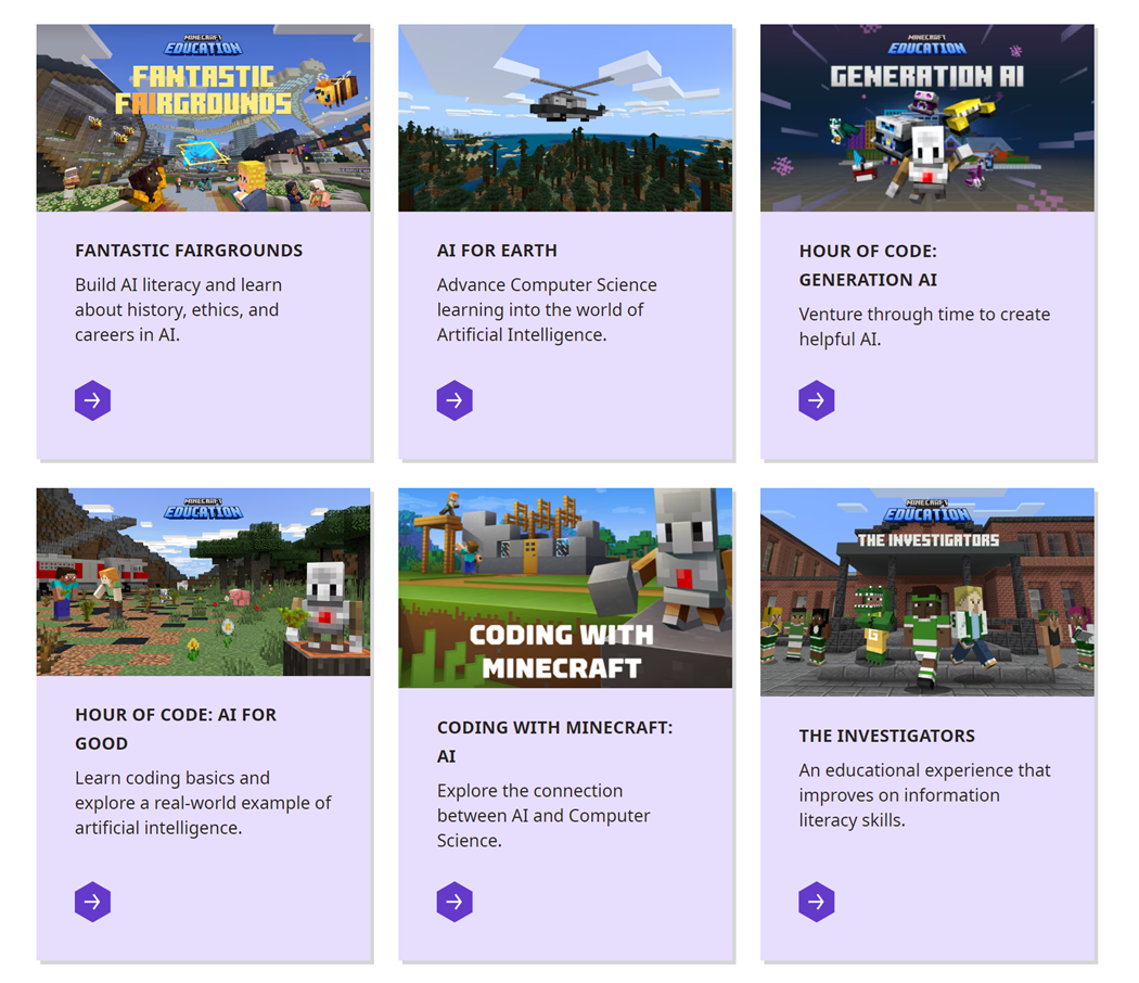 Screenshot of the Minecraft Education AI Foundations lesson library on the Minecraft Education website.