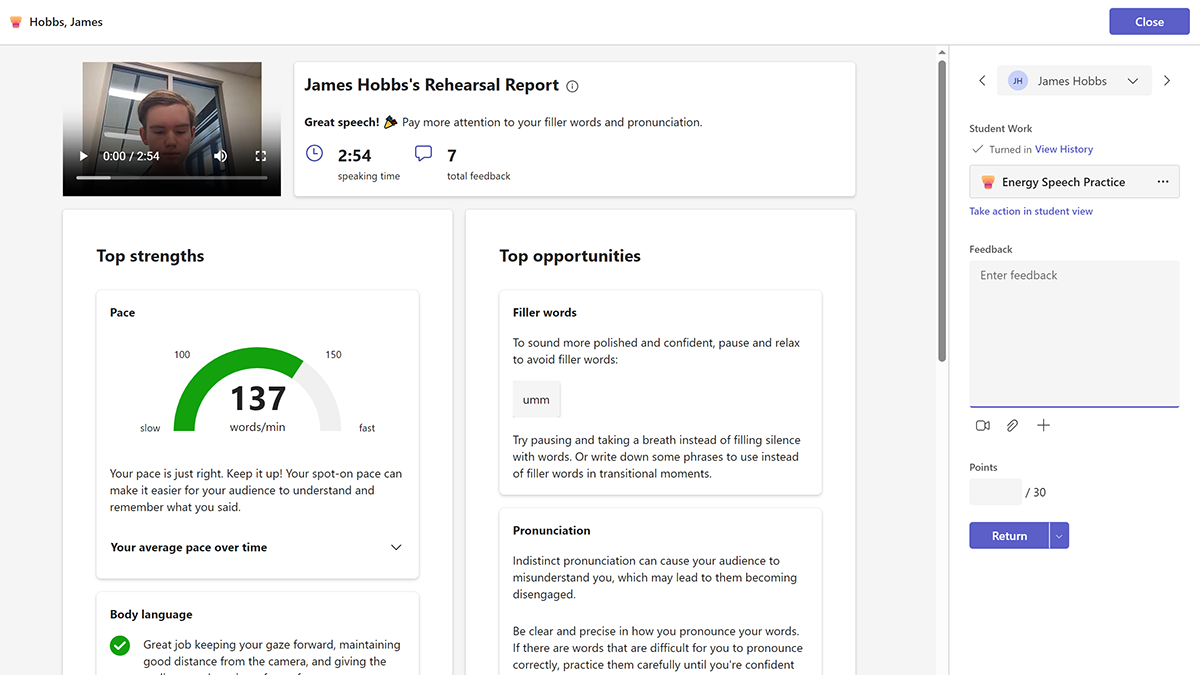 Screenshot of a Speaker Progress report on the learner's performance like pace, body language, filler words, and pronunciation.