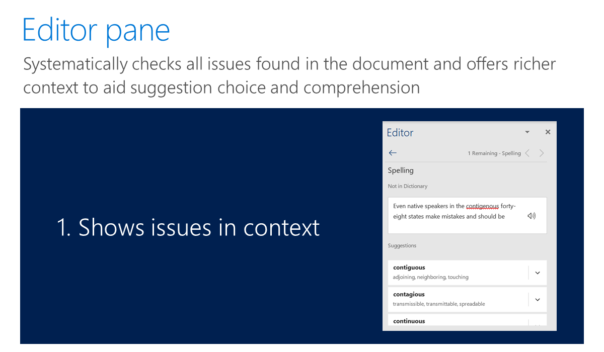 Illustration showing how Editor pane systematically for issues in the document, offers suggestions, and shows issues in context to aid in comprehension.