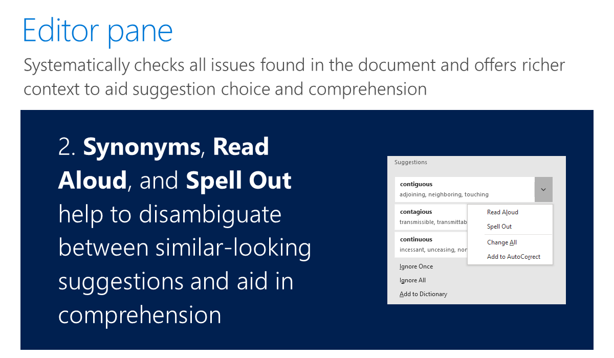 Illustration showing how editor pane offers synonyms, read aloud, and spell out to disambiguate similar words and aid in comprehension.