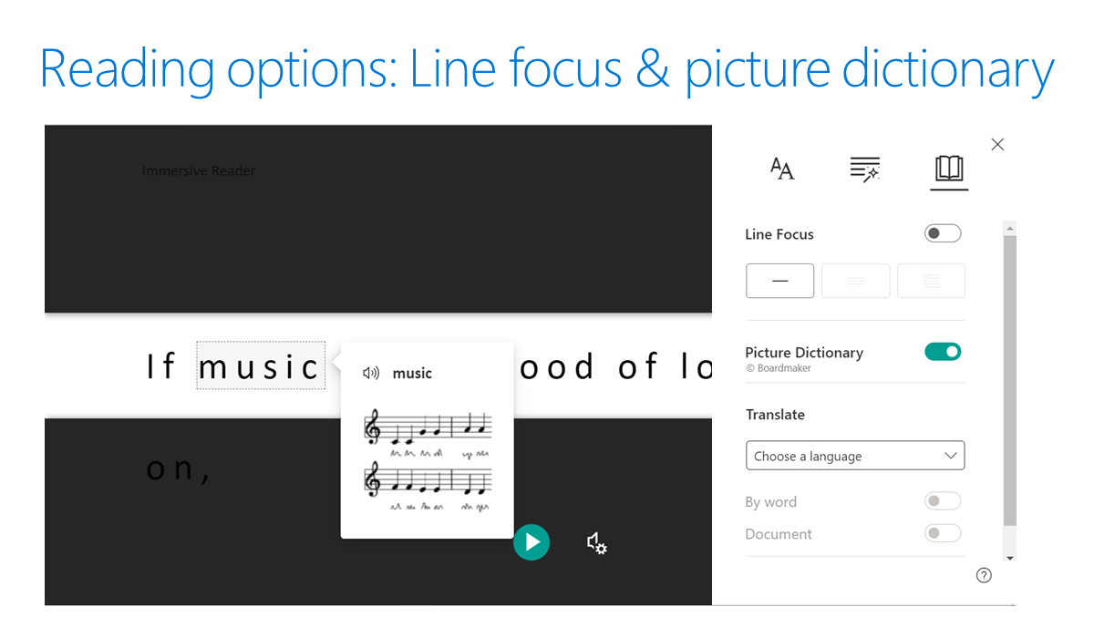 Screenshot of Reading Options in Immersive Reader: Line focus and Picture Dictionary.