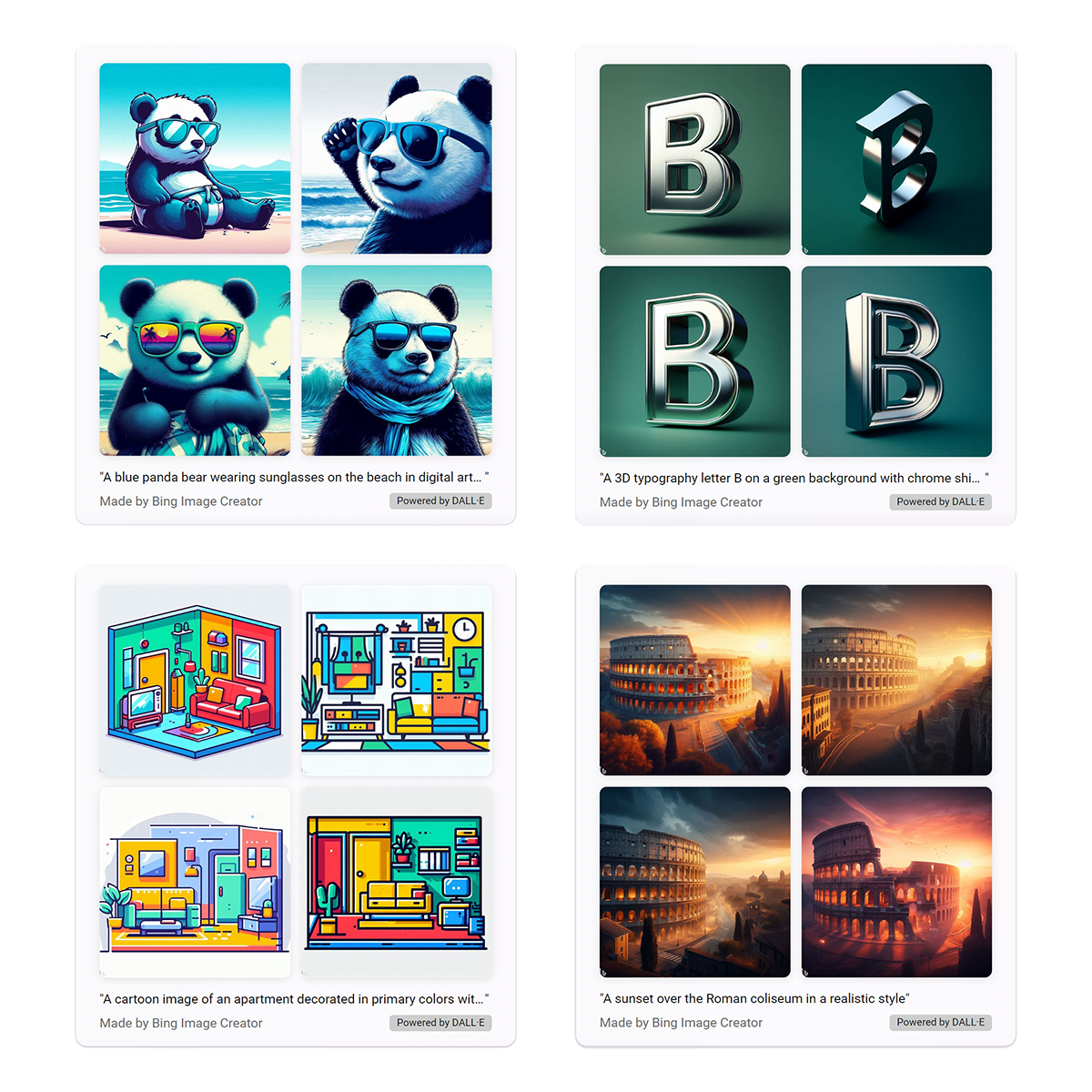 Screenshots of examples of images generated by Image Creator from Designer.