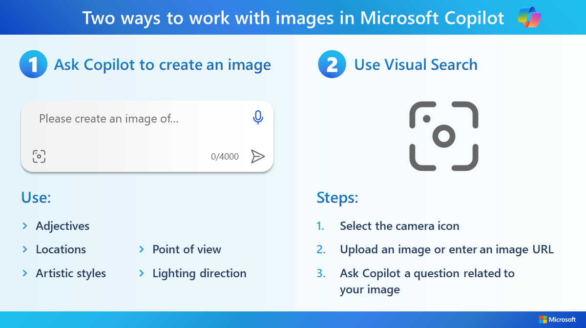 Infographic of two ways to work with images in Microsoft Copilot. Select the following link for the accessible PDF version.