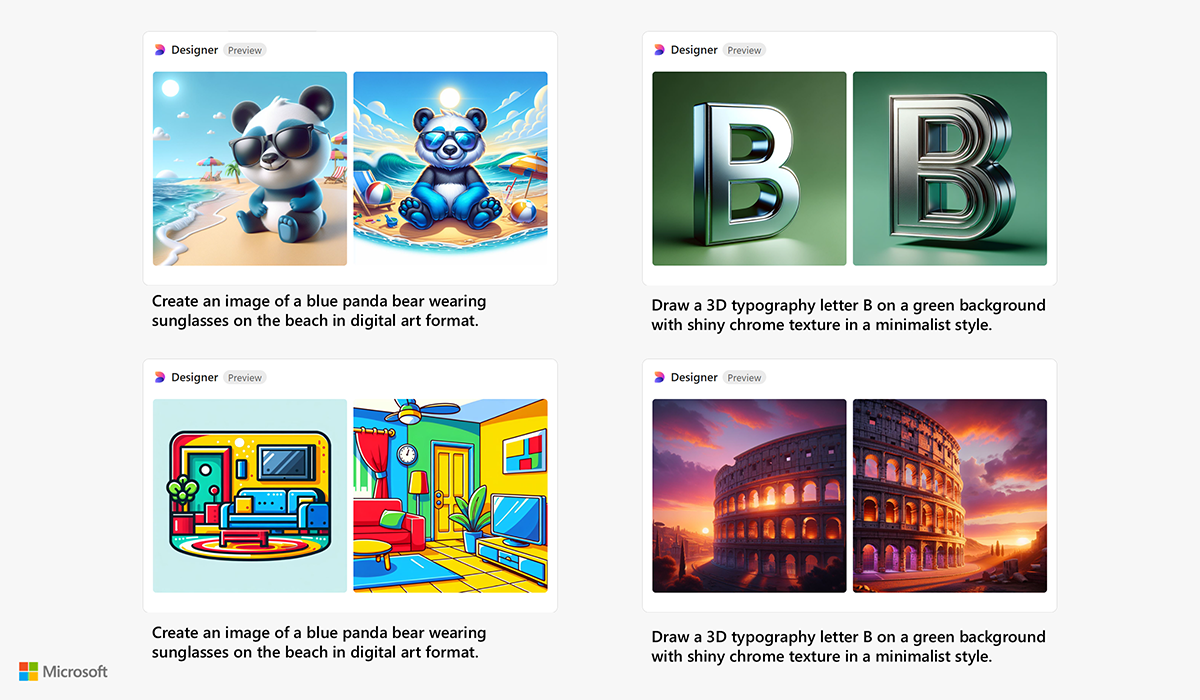 Screenshots of examples of images generated by Designer inside Copilot.