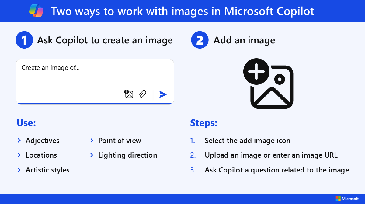 Infographic of two ways to work with images in Microsoft Copilot. Select the following link for the accessible PDF version.