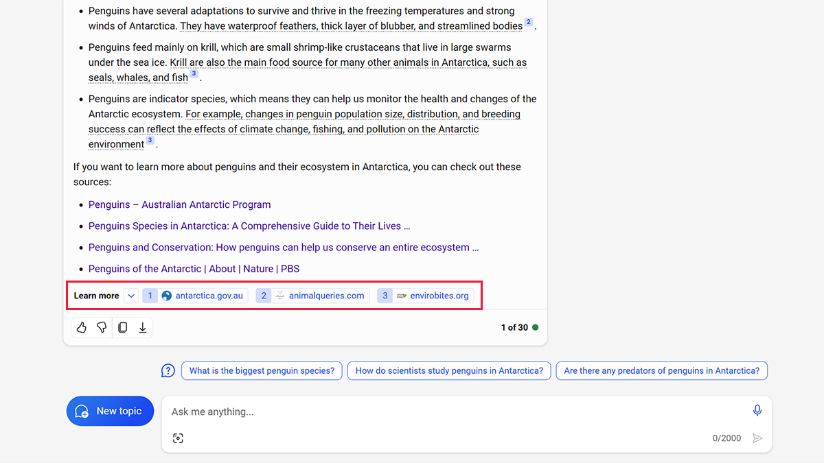 Screenshot of Copilot in Edge generating a summary of research on penguins and links to learn more at the end of the response.