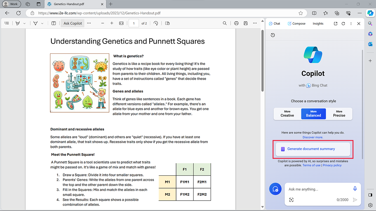 Screenshot of a PDF document open in Microsoft Edge browser. Copilot is open to a new chat with “Generate page summary” as an option.