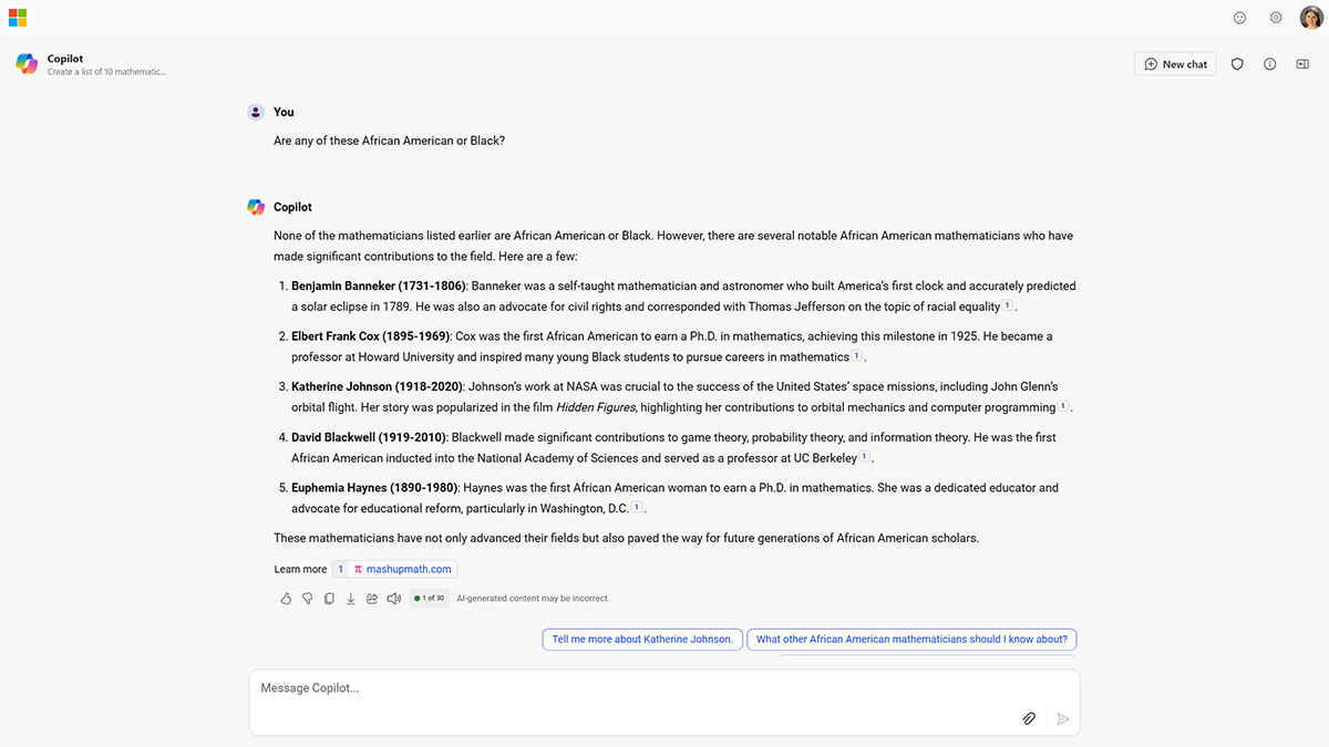Screenshot of Microsoft Copilot giving examples of more mathematicians of Black or African American descent.