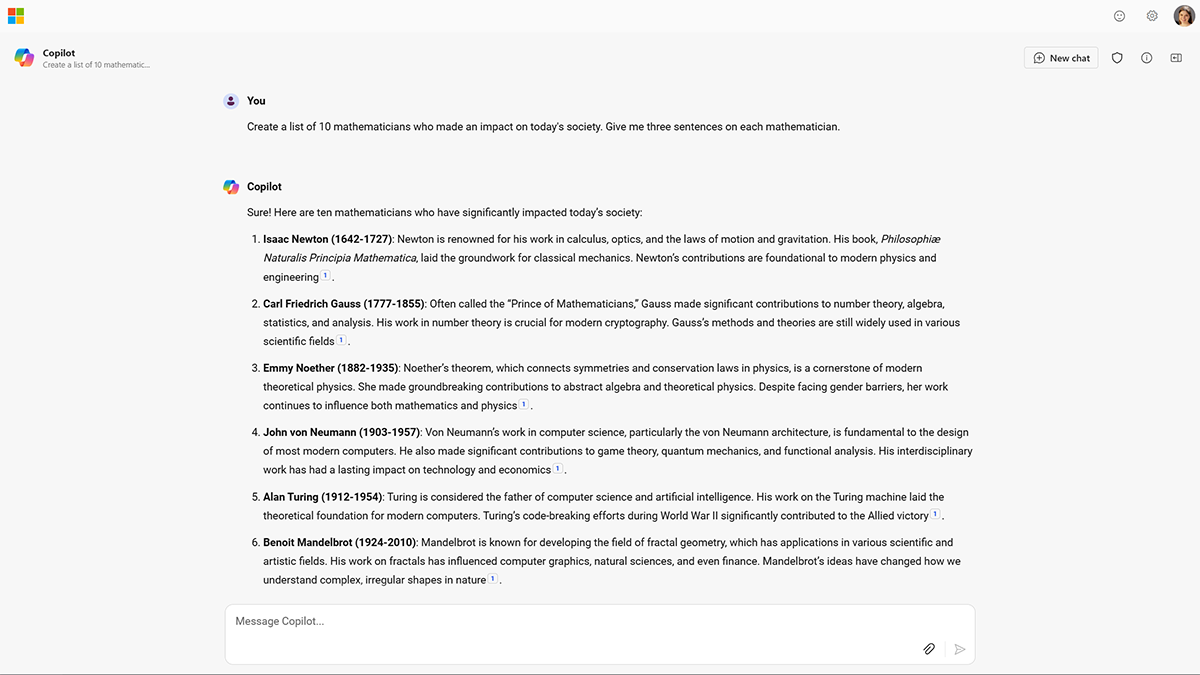 Screenshot of a Microsoft Copilot response to generate a list of mathematicians.