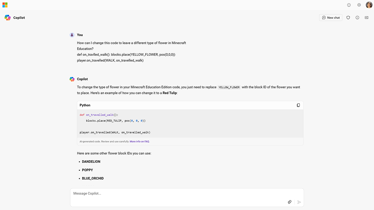 Screenshot of a prompt asking Copilot for Minecraft Education code. Select the following link for accessible PDF version.