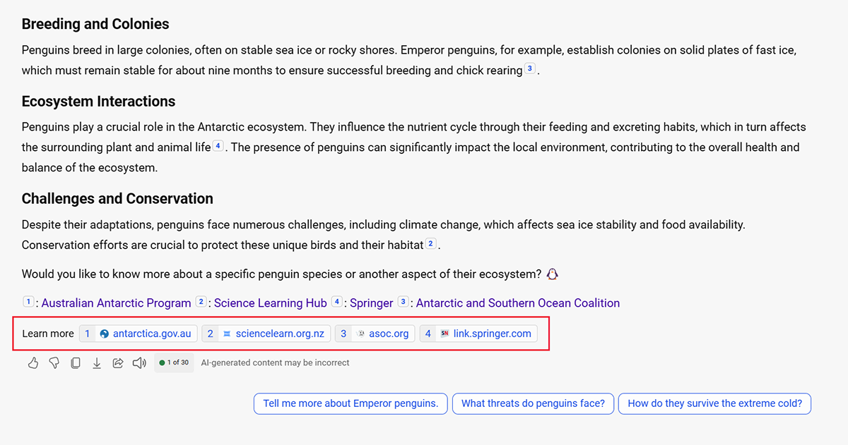 Screenshot of Copilot in Edge generating a summary of research on penguins and links to learn more at the end of the response.