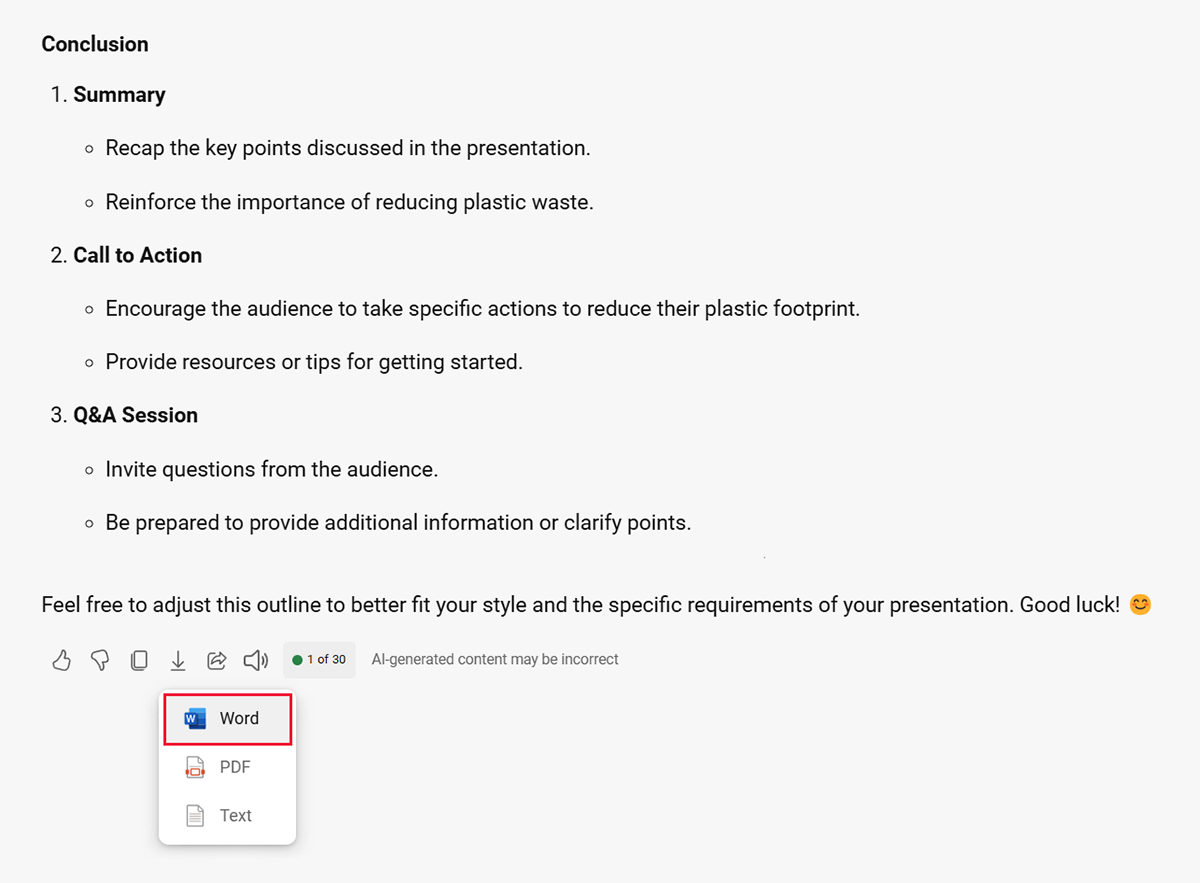 Screenshot of Microsoft Copilot in Edge with a generated outline and options to export as a Microsoft Word, PDF, or plain text document.