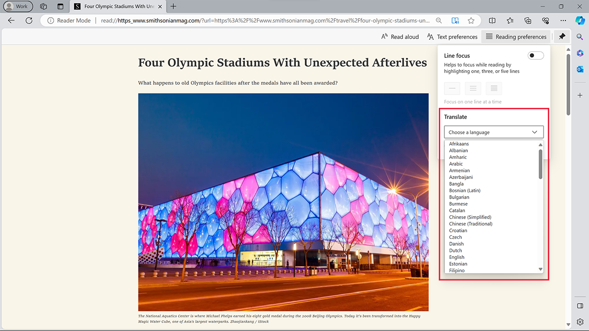 Screenshot of an article from Smithsonian Magazine open in Edge browser reading mode. The translation dropdown menu is open in the upper-right corner.