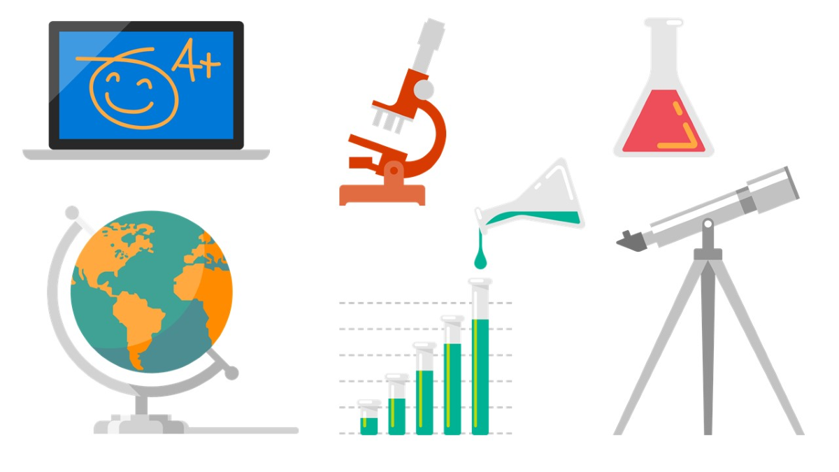 Illustration of a tablet, a globe, a microscope, a flask, a telescope and a bar chart.