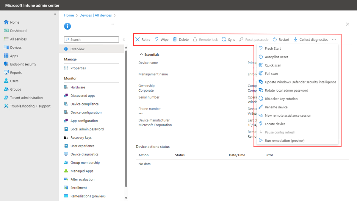 Screenshot showing remote actions available in Intune for Education when selecting a Windows device.