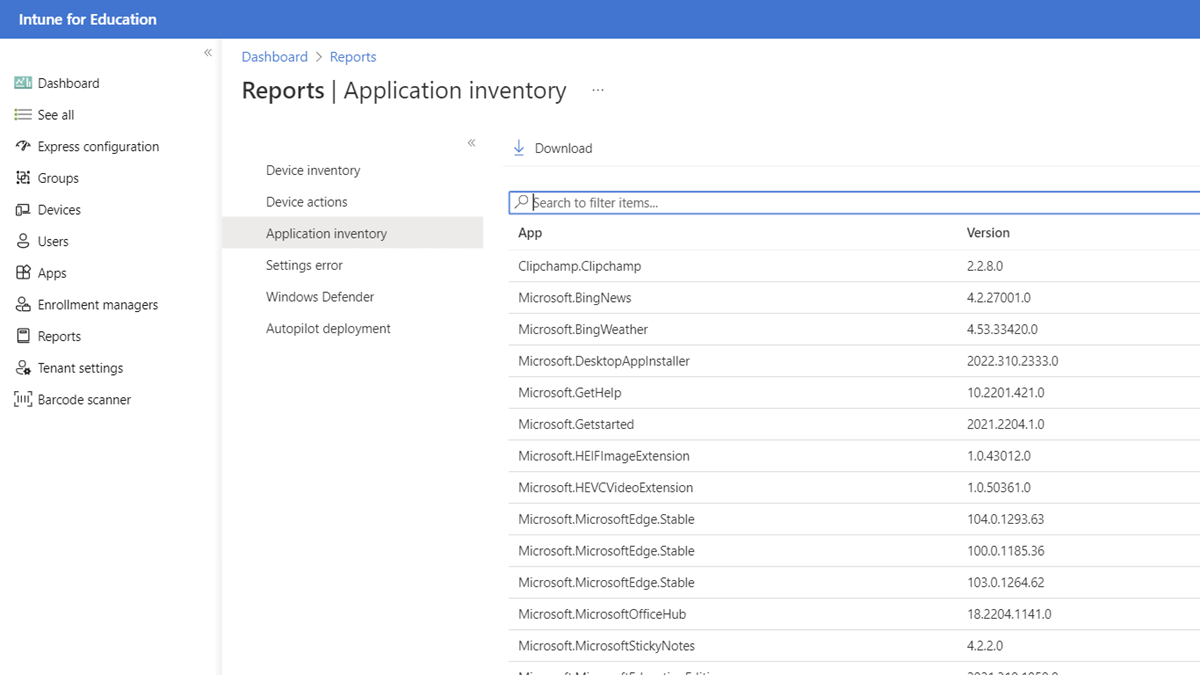 Screenshot showing reporting options available in Intune for Education when selecting the reports blade.