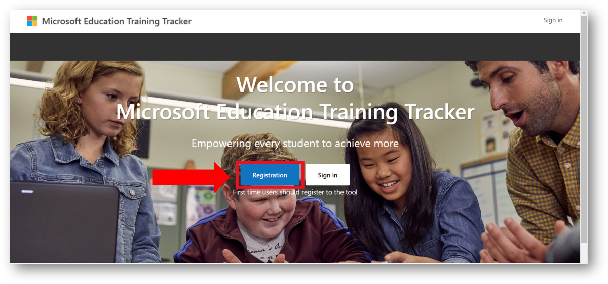 Screenshot of the Training Tracker landing page indicating where the Registration button is located.