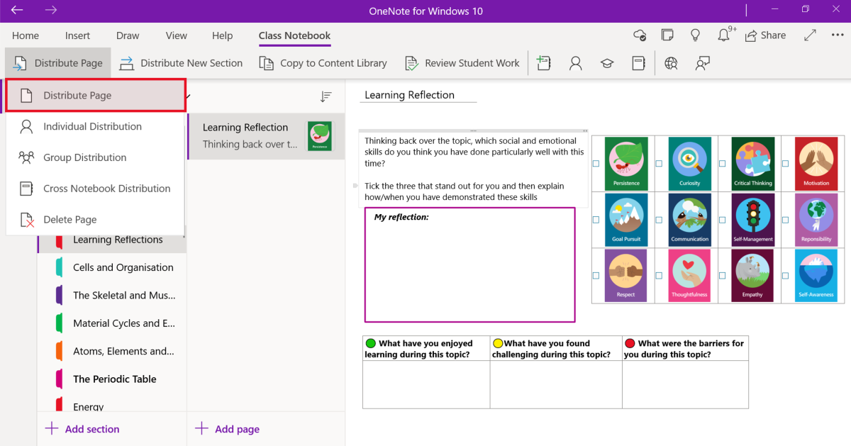 Screenshot of a OneNote Class Notebook learning page. The page contains a learning reflection activity for students to evaluate how they felt about their learning topic and the social and emotional learning skills they demonstrated. The  menu to distribute the page is highlighted.