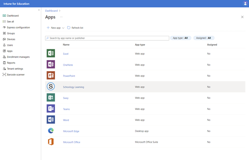 Screenshot of Intune for Education - Apps.