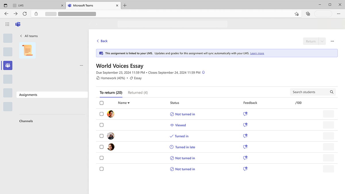 Screenshot of assignment statuses in Microsoft Teams Assignments.