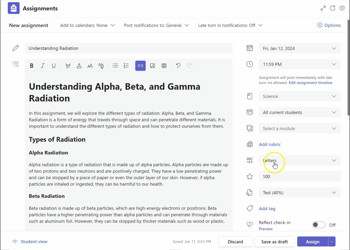 Animated GIF of the process of creating an AI-generated rubric in Teams Assignments.