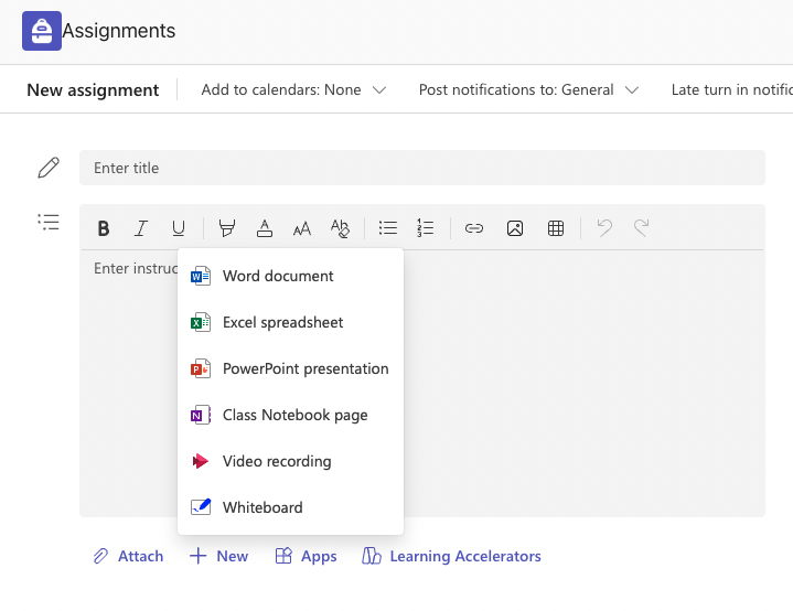 Screenshot of the file types available as attachments in Teams assignments.