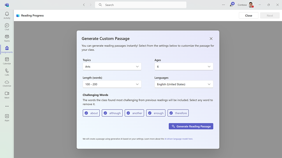 Screenshot of the Reading Progress AI-generated passage tool in Teams Assignments.