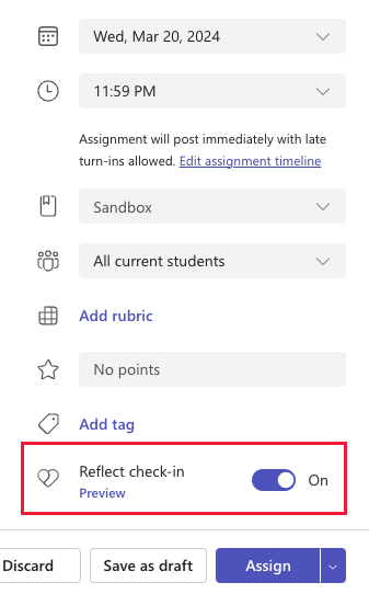 Screenshot of the Reflect check-in option during assignment creation in Microsoft Teams.