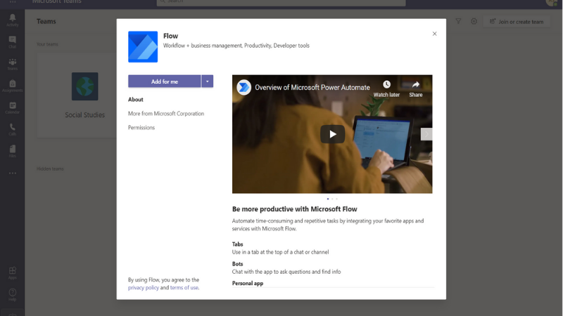 Screenshot of adding the Power Automate app in Microsoft Teams.