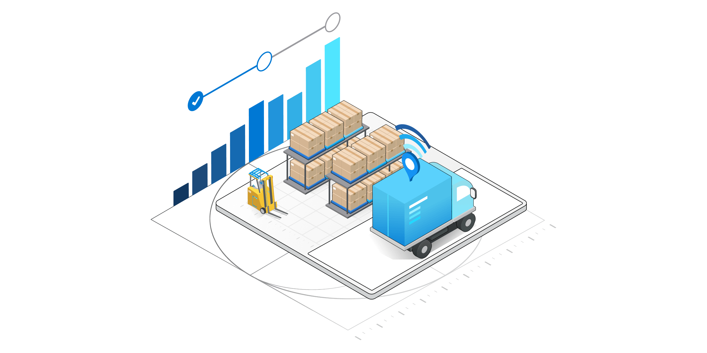 An isometric illustration of technical components for SCM services.