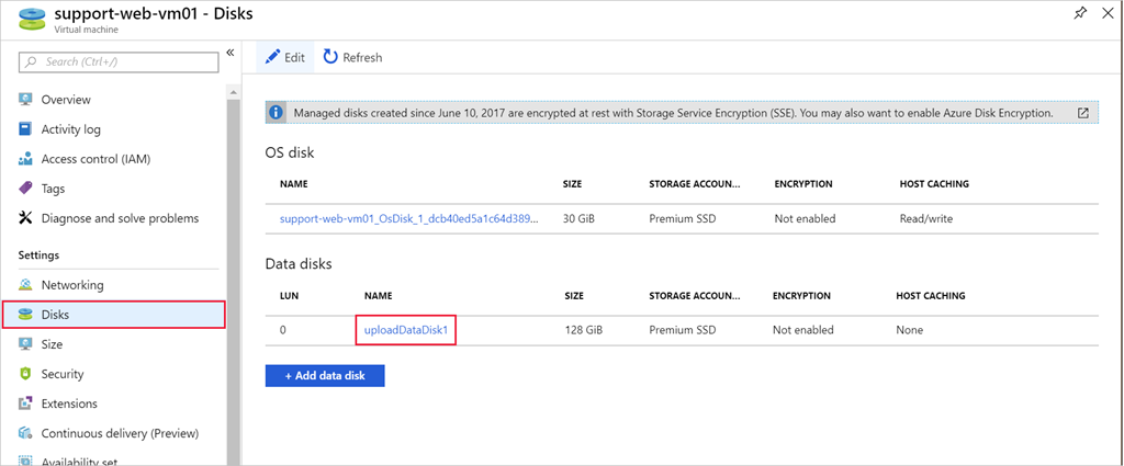 Screenshot showing the disks section of a VM with the VHD we want to edit highlighted.