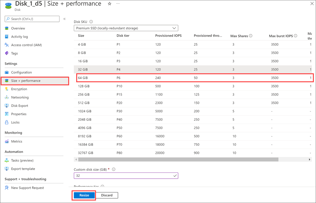 Screenshot showing the VHD edit screen with the new size field highlighted.