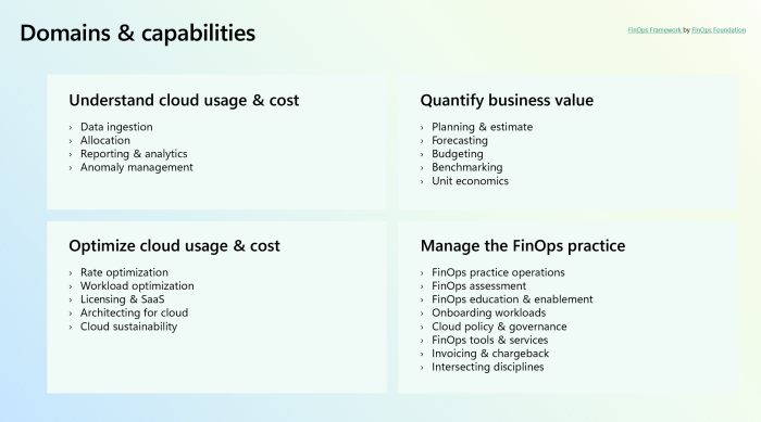 Screenshot of categorized list of FinOps Domains and Capabilities.