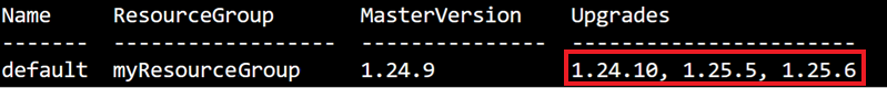 Screenshot that shows the expected output of the command should show the current Kubernetes version list supported by Azure Kubernetes Service with the n-1 and n-2 versions outlined in a red box.