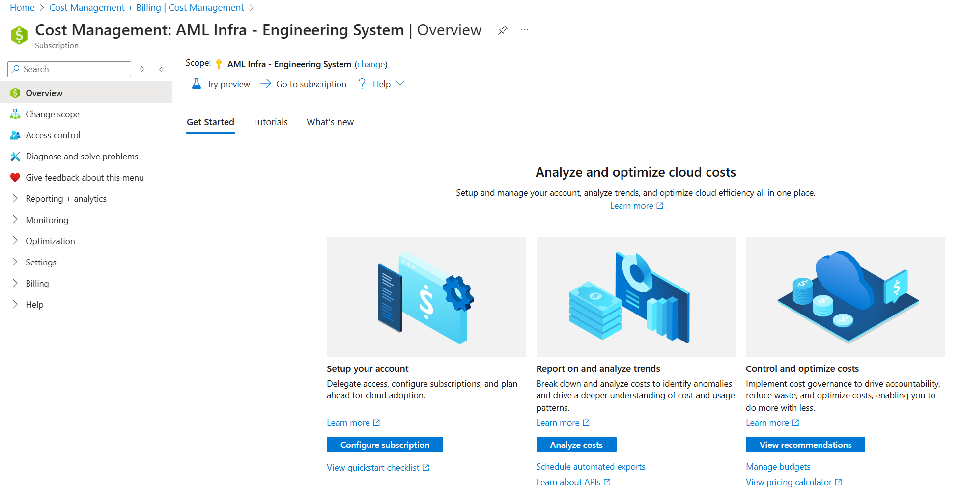 Screenshot of Azure Portal navigated to Cost Management overview panel from the Cost Management + Billing side navigation.