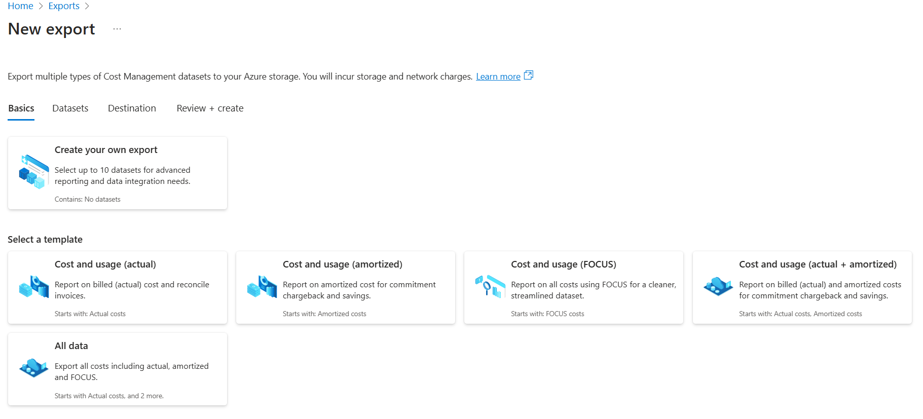 Screenshot that shows the New export panel.