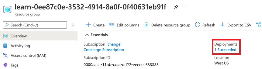 Screenshot of the Azure portal interface for the resource group overview, with the deployments section showing that one succeeded.