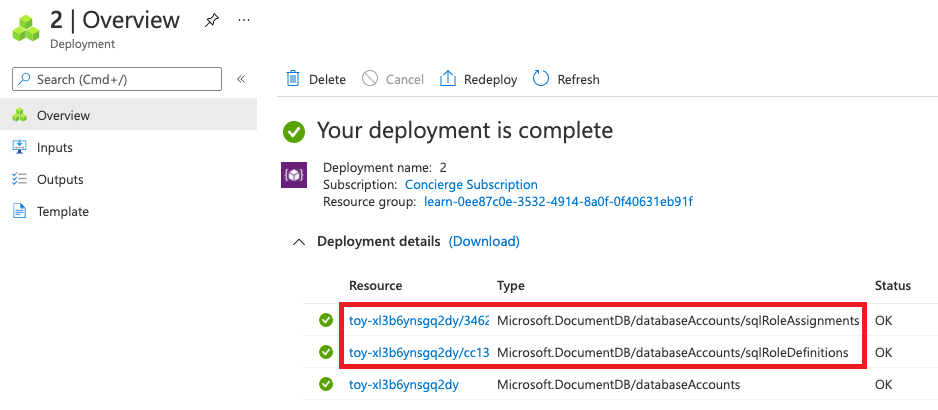 Screenshot of the Azure portal interface for the specific deployment, with the Azure Cosmos DB resources listed.