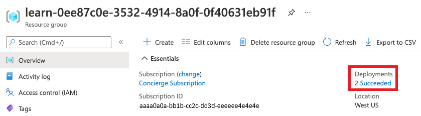 Screenshot of the Azure portal interface for the resource group overview, with the deployments section showing that two succeeded.