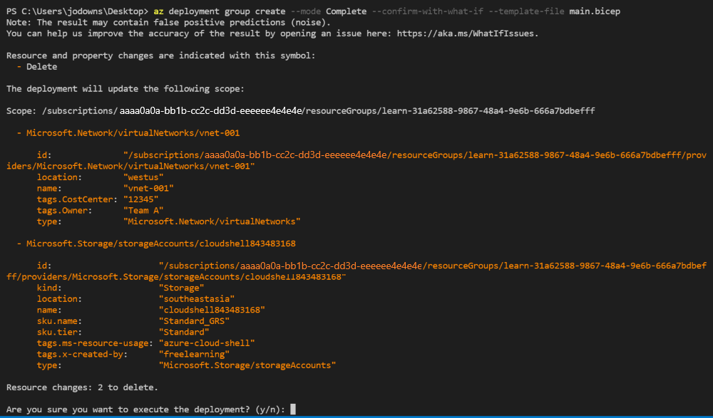 Screenshot of the Azure CLI showing the output from the deployment confirm operation.