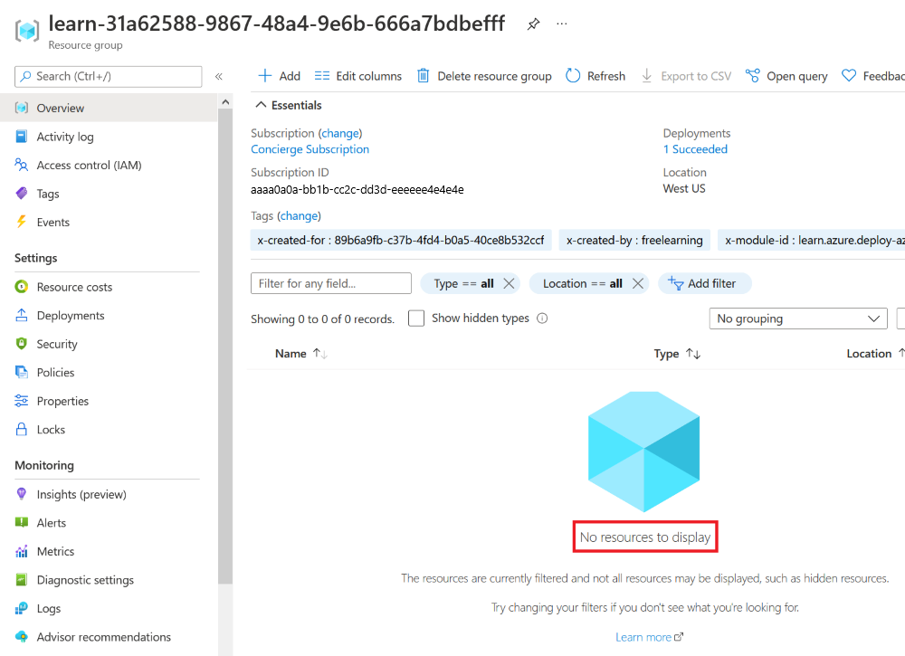 Screenshot of the Azure portal interface for the complete deployment, with the virtual network resource no longer listed.