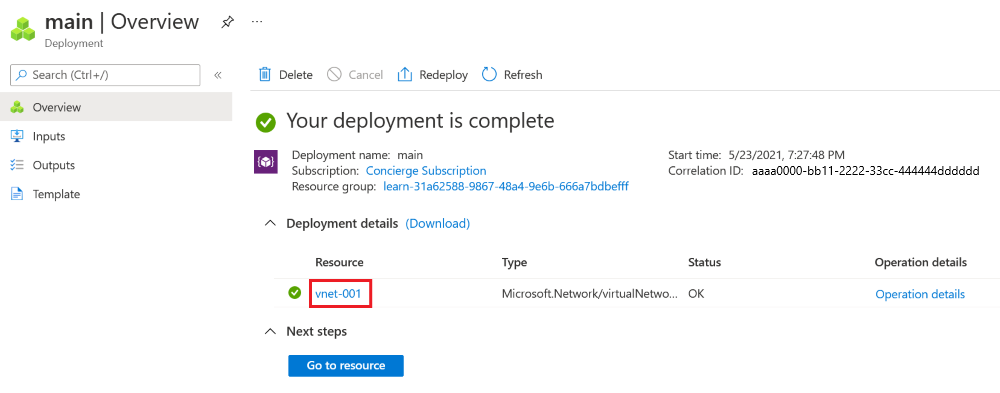 Screenshot of the Azure portal interface for the specific deployment, with one virtual network resource listed.