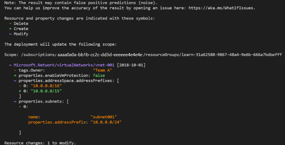 Screenshot of the Azure CLI showing the output from the what-if operation.