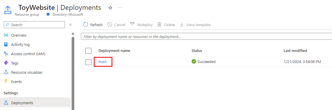 Screenshot of the Azure portal resource group Deployments pane, displaying the successful deployment.