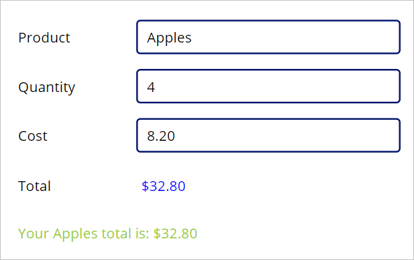 Screenshot showing Apples input in the Product field and the summary message displaying in yellow-green text.