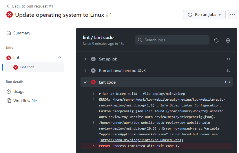 Screenshot of GitHub that shows the workflow log, including the validation error.