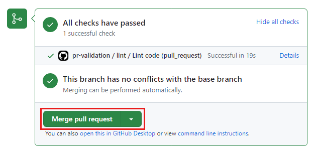 Screenshot of GitHub that shows the 'Merge pull request' button on the pull request details page.