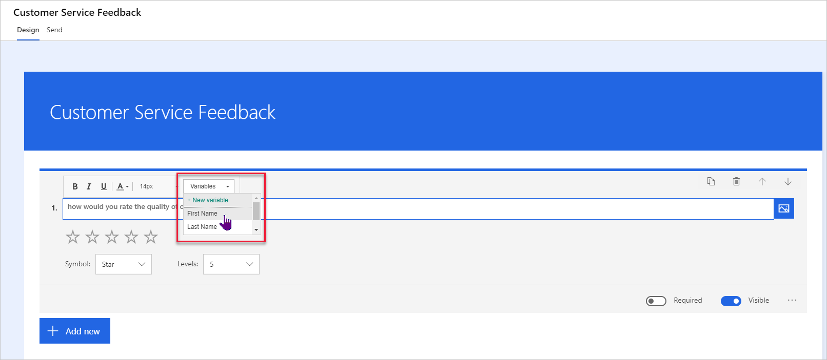 Survey variable highlighted with dropdown values of New variable, First Name, and Last Name.