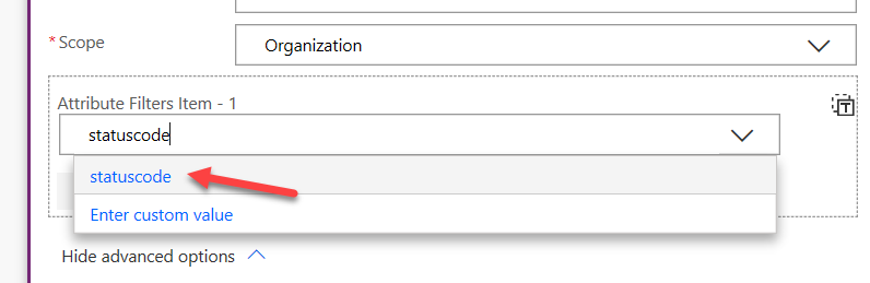 Trigger attribute filter - screenshot shows an arrow pointing to the statuscode option under Attribute Filters Item - 1.